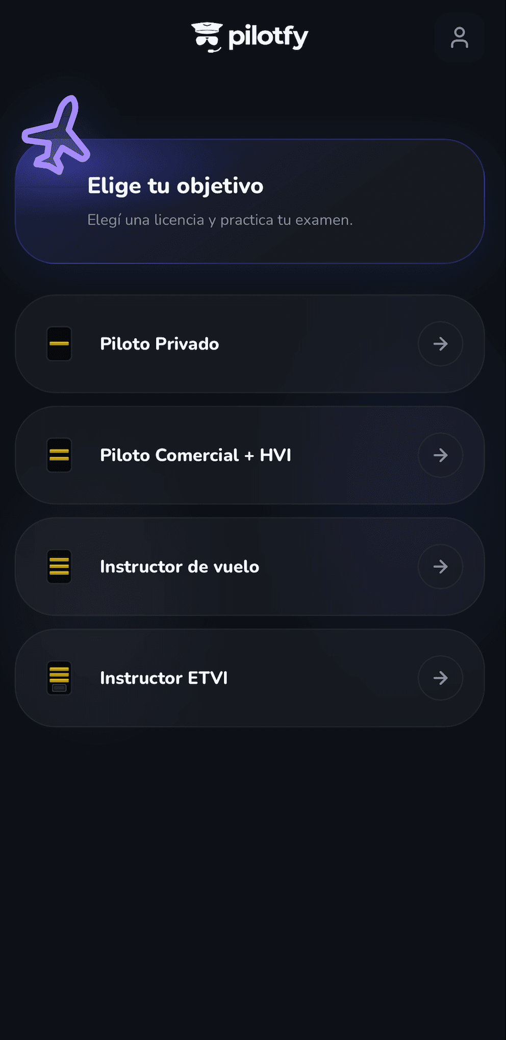 Pilotfy Learn en el celular: práctica de examen y progreso